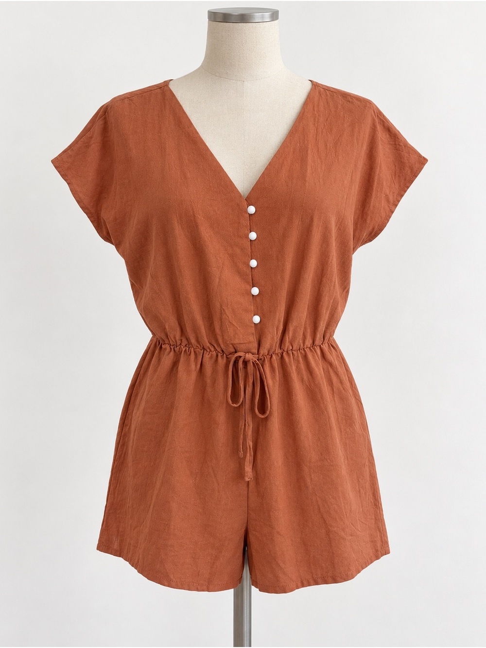 SHEIN Rust V-Neck Button-Front Linen-Blend Romper